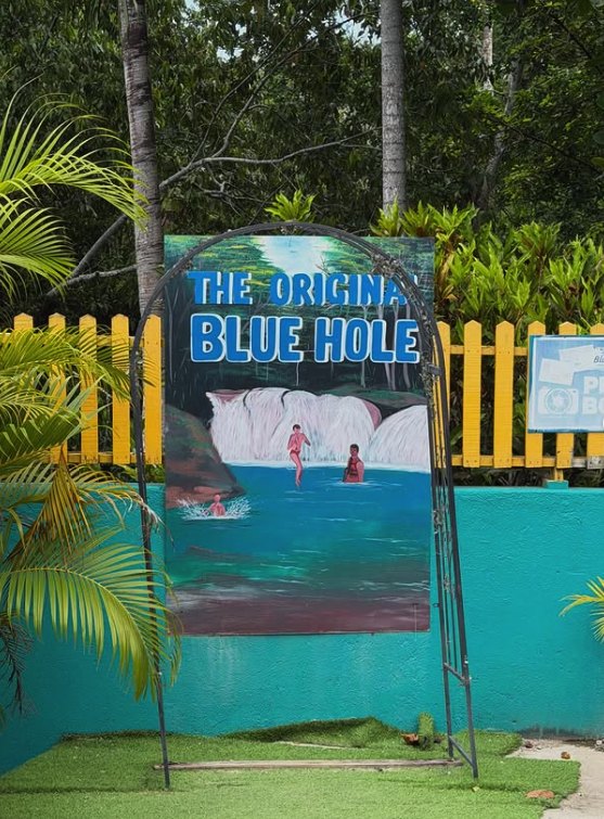 The entrance sign at the Blue Hole, inland from Ocho Rios