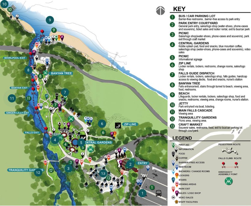 The visitor map of Dunn's River Falls and Park showing the beach and facilities